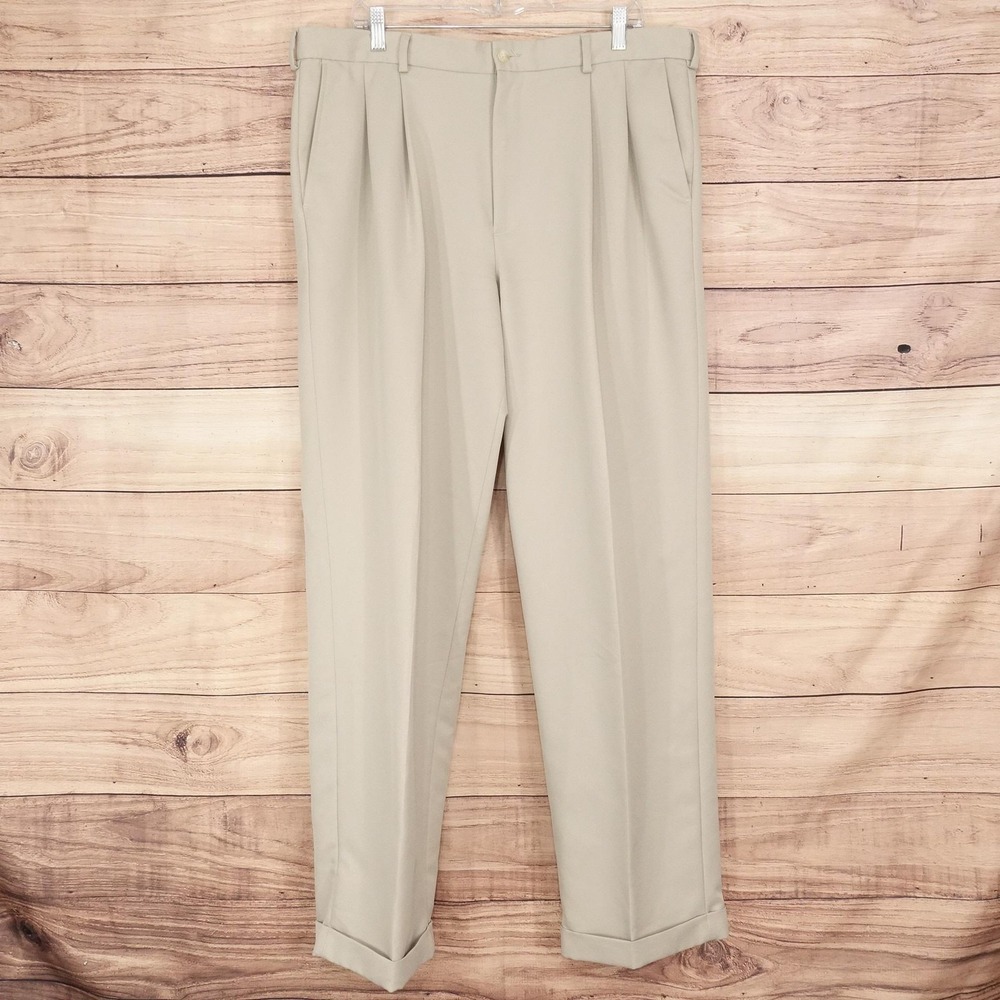 Van Heusen Dress Pants Mens 38x34 Beige Classic Fit Pleated Cuffed